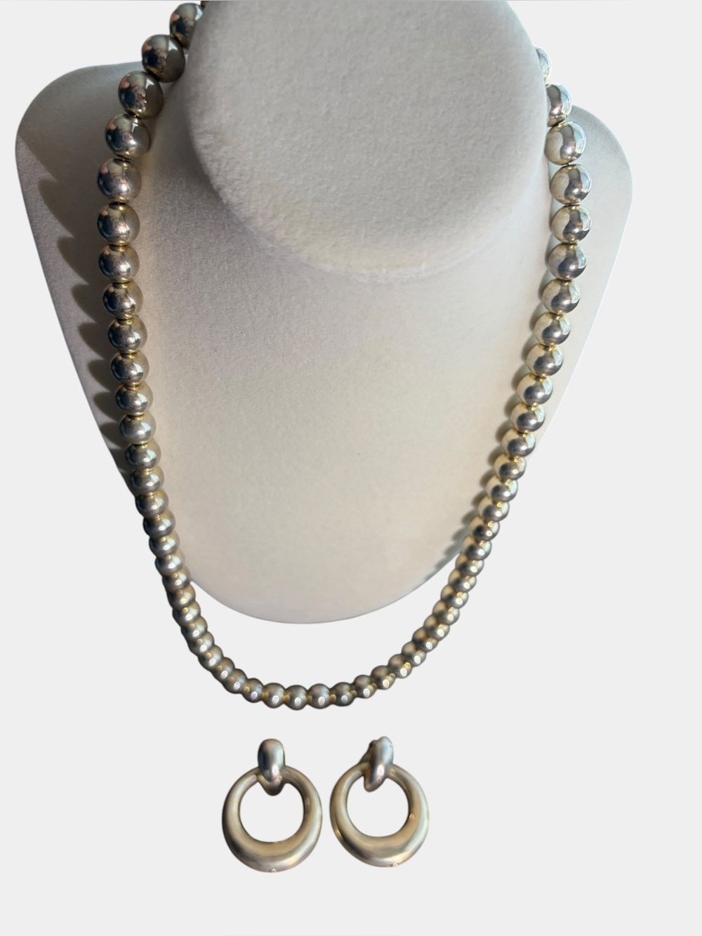 Vintage Silver Tone Bead Necklace & Matching Clip-On Hoop Earrings Set